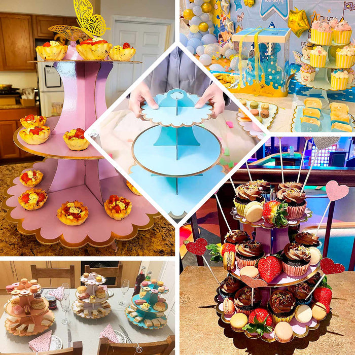 13" 3-Tier Blue/Gold Cardboard Cupcake Dessert Stand Treat Tower