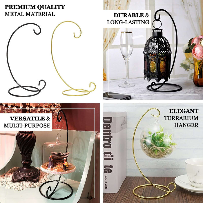Gold metal air plant terrarium stand for hanging ornaments, 10 inches tall.