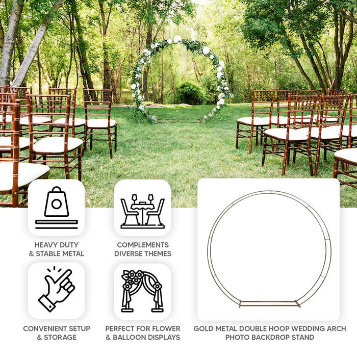 7.5ft Heavy Duty Gold Metal Round Wedding Arbor Floral Balloon Frame, Double Hoop Wedding Arch Photo Backdrop Stand