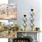 28" Tall 3-Tier Stacked Black Geometric Candle Holder with Amber Glass Votives & Gold Trim