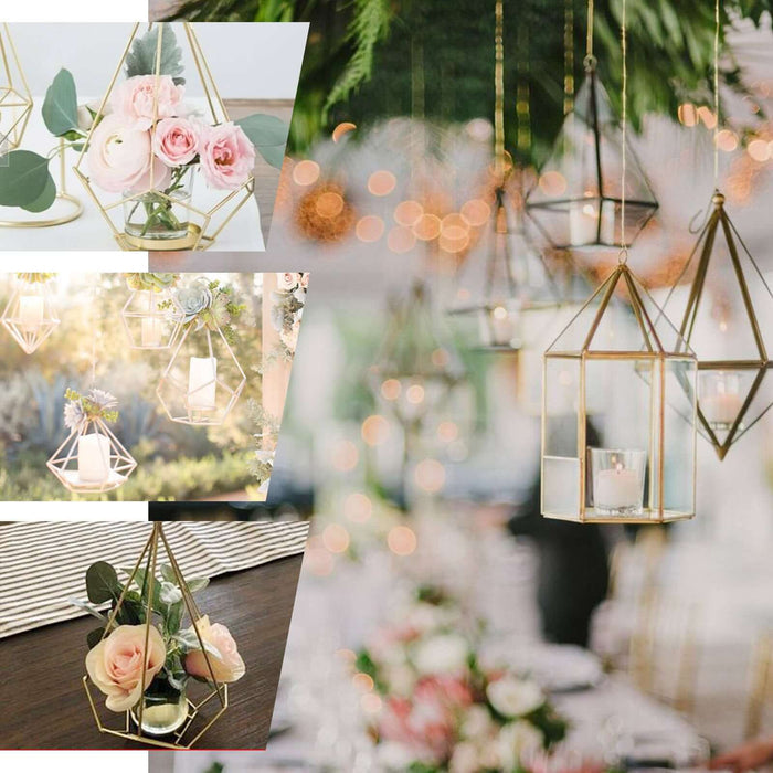 16" Rose Gold Geometric Candle Holder Set - Linked Metal Geometric Centerpieces with Votive Glass Holders