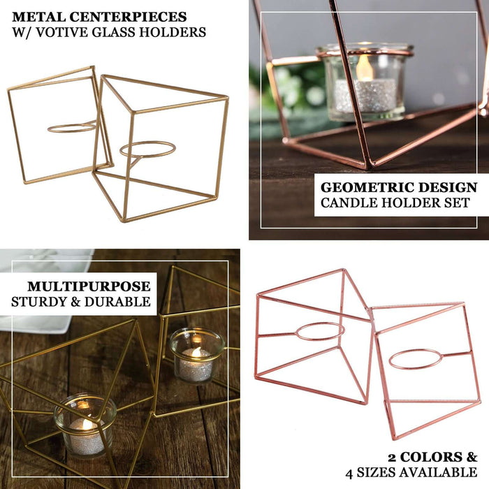 Rose gold geometric candle holder set with votive glass holders.