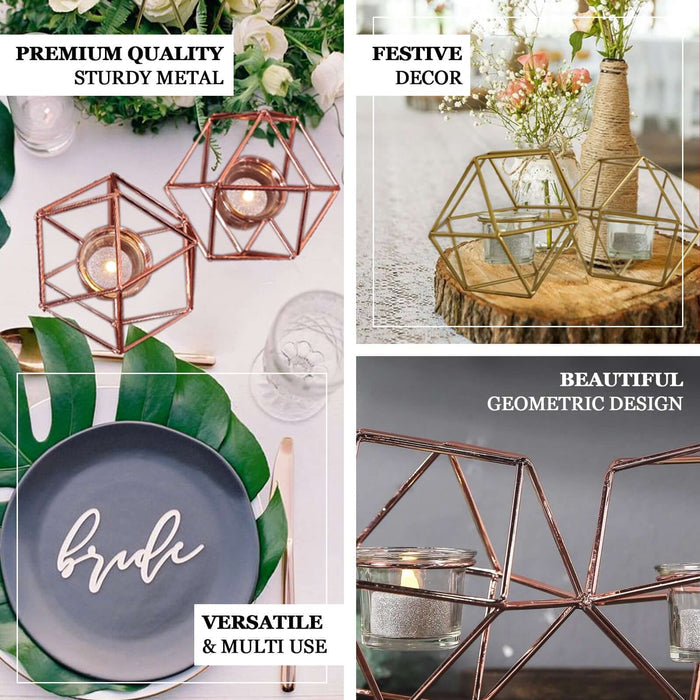 11" Rose Gold Geometric Candle Holder Set - Linked Metal Geometric Centerpieces with Votive Glass Holders