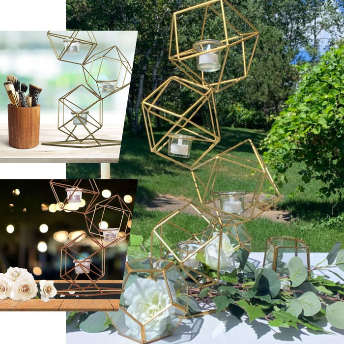 25" Tall Gold Linked Geometric Tealight Candle Holder Set With Votive Glass Holders