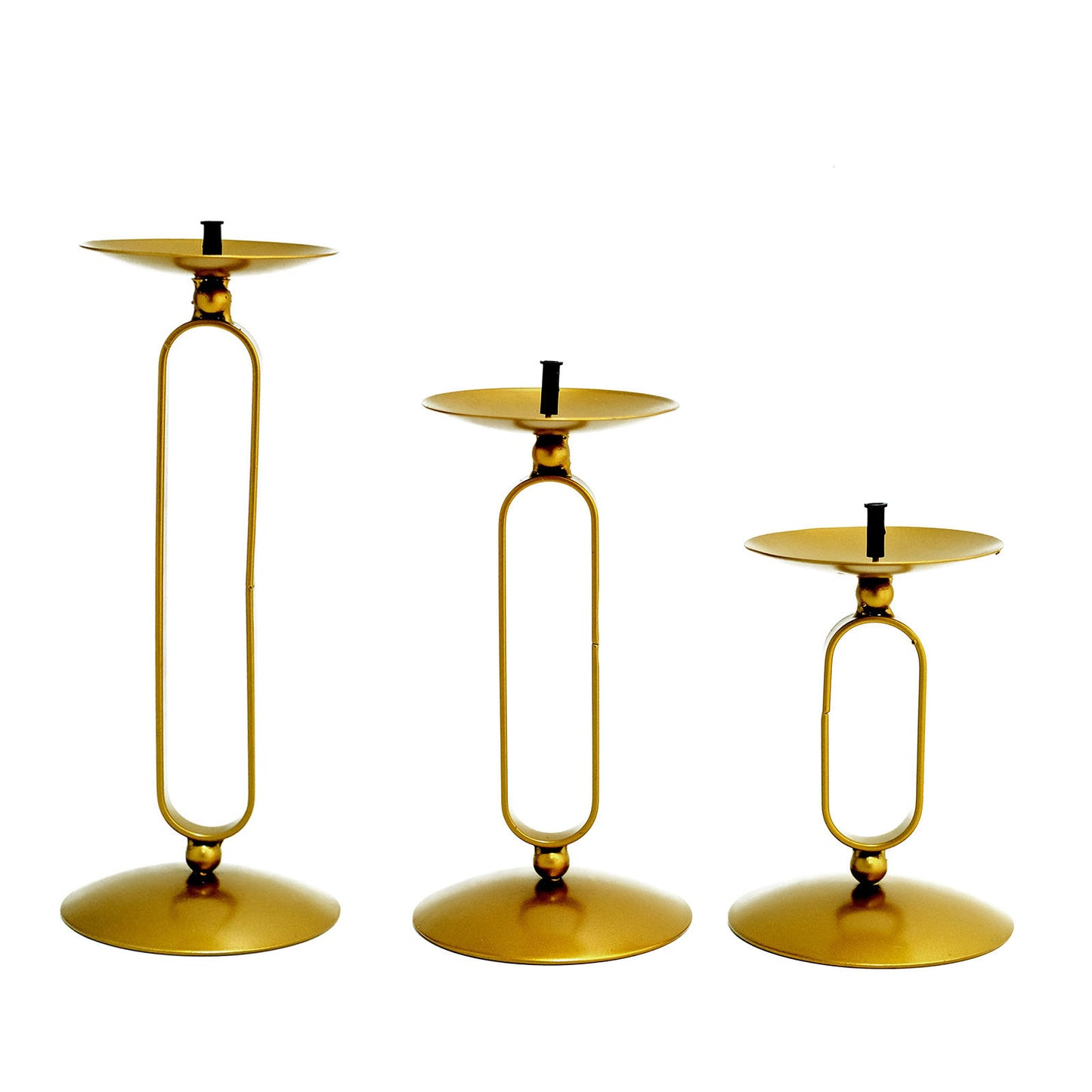 Set of 3 | Gold Metal Oval Frame Pillar Candle Holder Stands, Geometric Table Centerpieces - Assorted Sizes