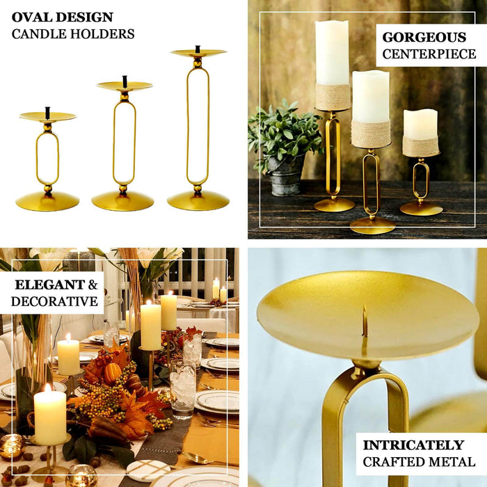 Set of 3 | Gold Metal Oval Frame Pillar Candle Holder Stands, Geometric Table Centerpieces - Assorted Sizes