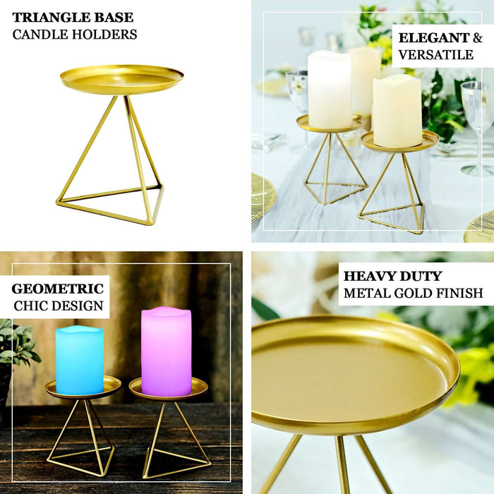 2 Pack | 5" Gold Metal Triangle Base Pillar Candle Holder Stands, Geometric Table Centerpieces