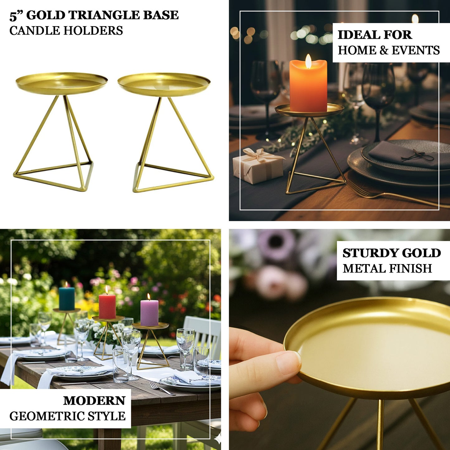 Gold metal triangle base candle holders, modern geometric design for home decor.