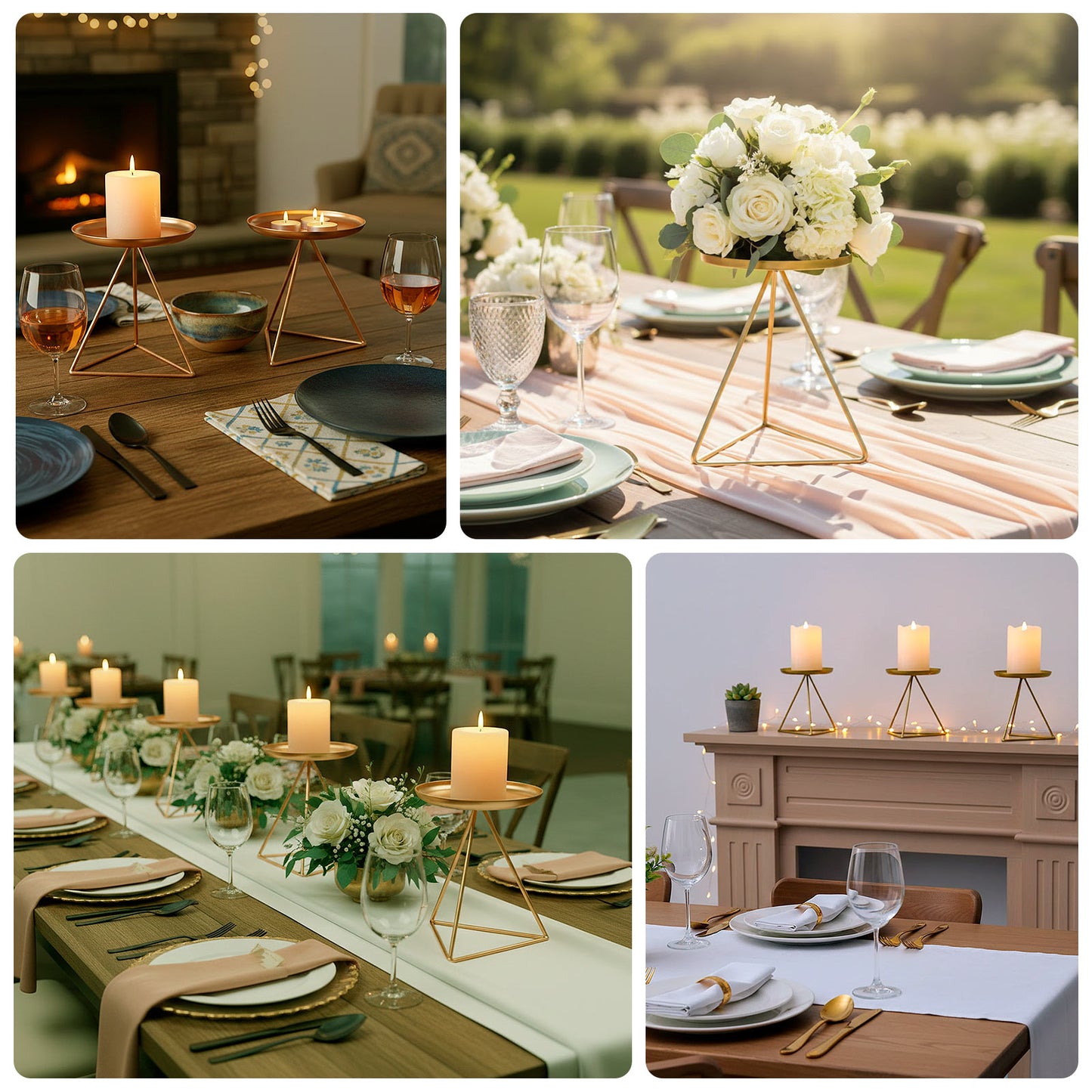 Gold metal triangle base candle holder stands for elegant table centerpieces.