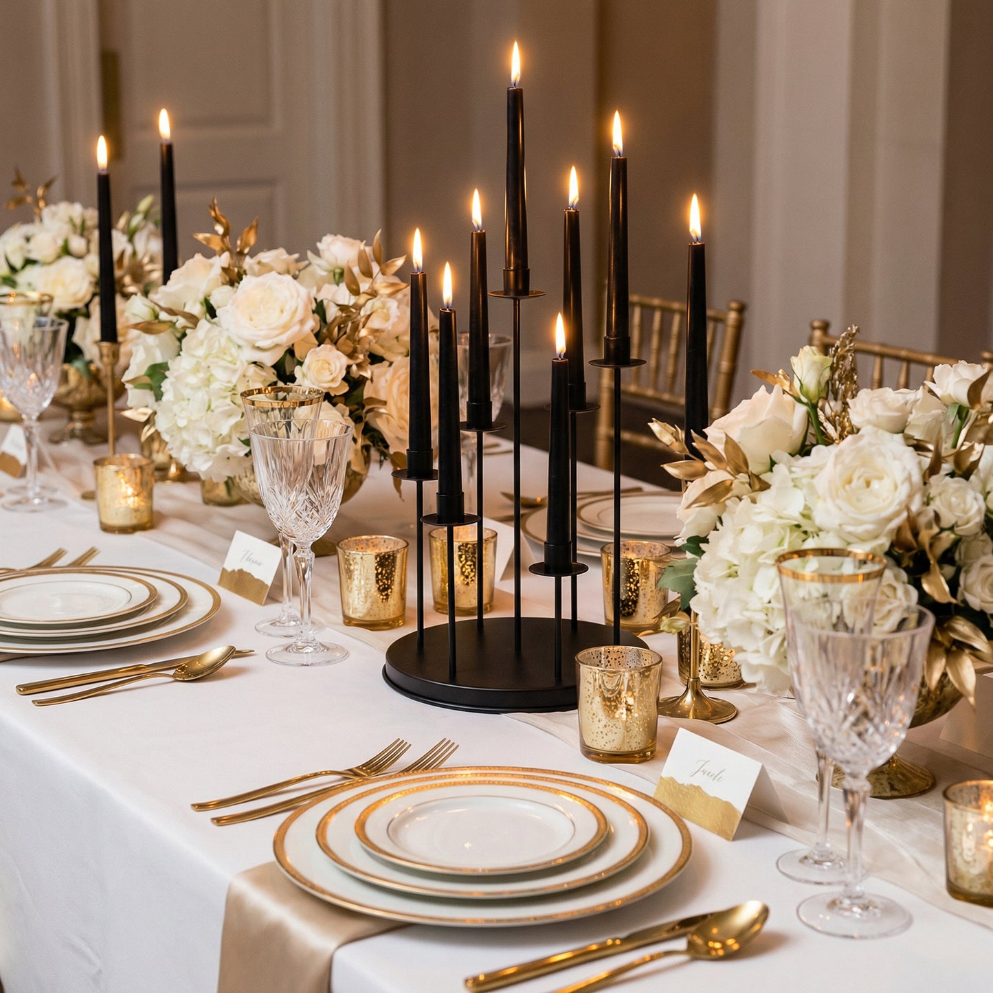 Cluster Candelabra Taper Candle Holder 7-Arm Black Metal Wedding Centerpiece - Table Decor 15"