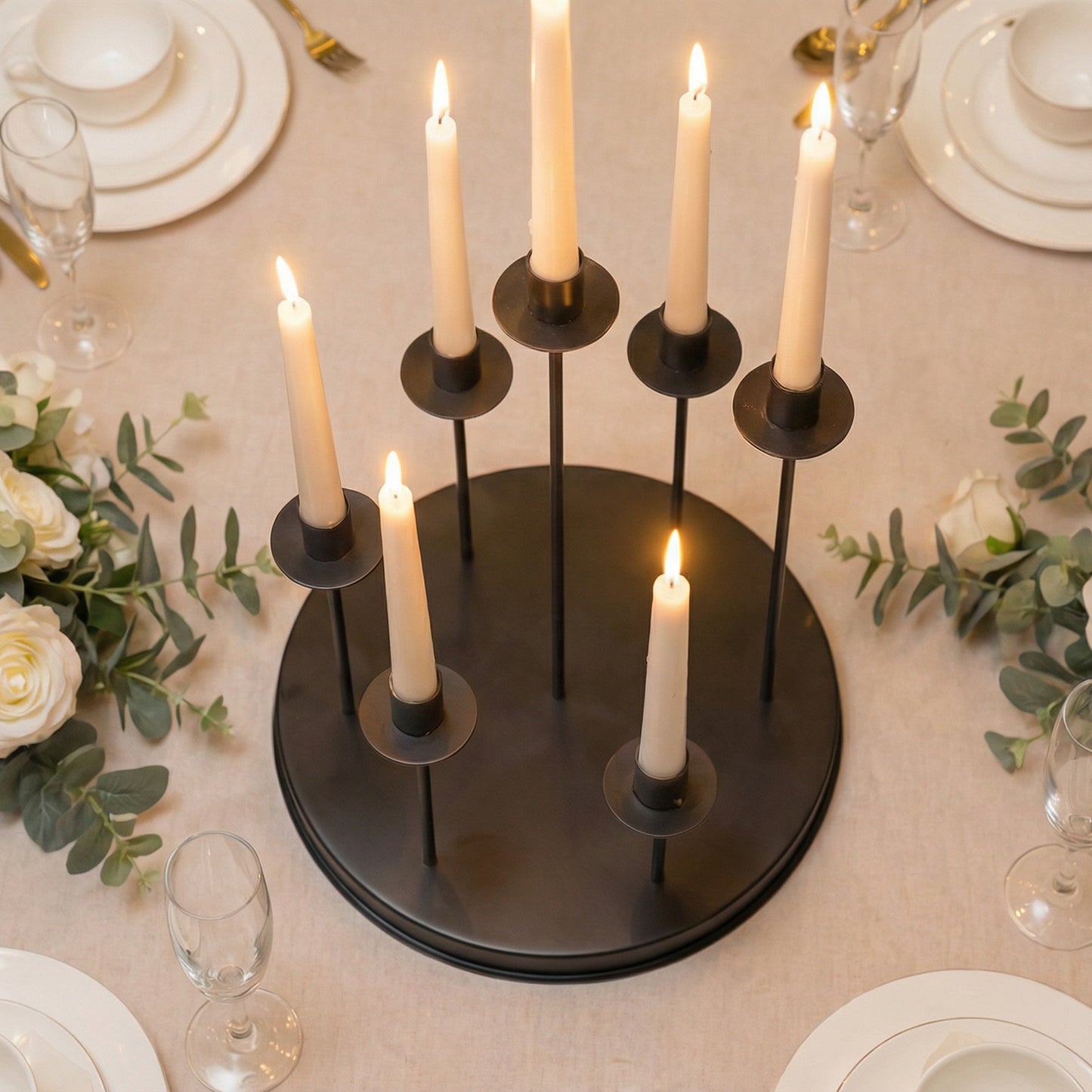 Cluster Candelabra Taper Candle Holder 7-Arm Black Metal Wedding Centerpiece - Table Decor 15"
