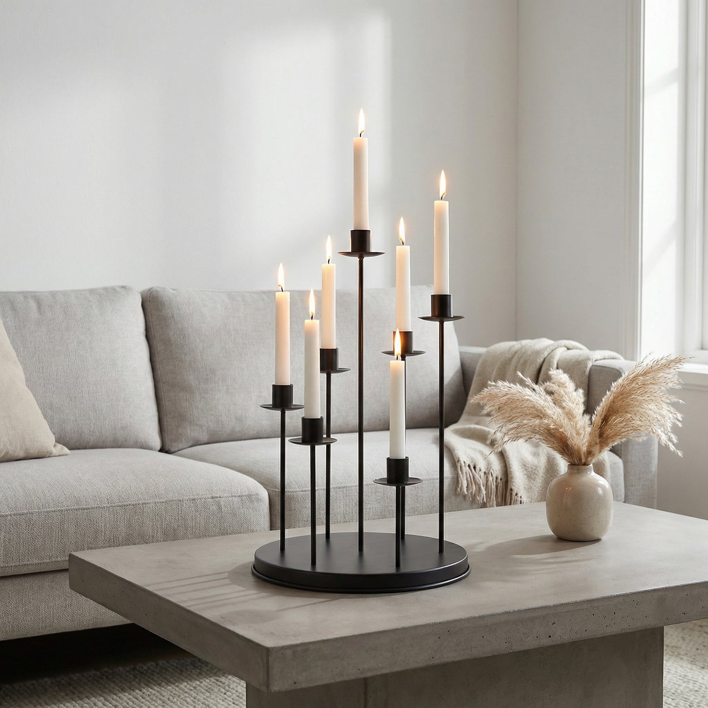 Cluster Candelabra Taper Candle Holder 7-Arm Black Metal Wedding Centerpiece - Table Decor 15"