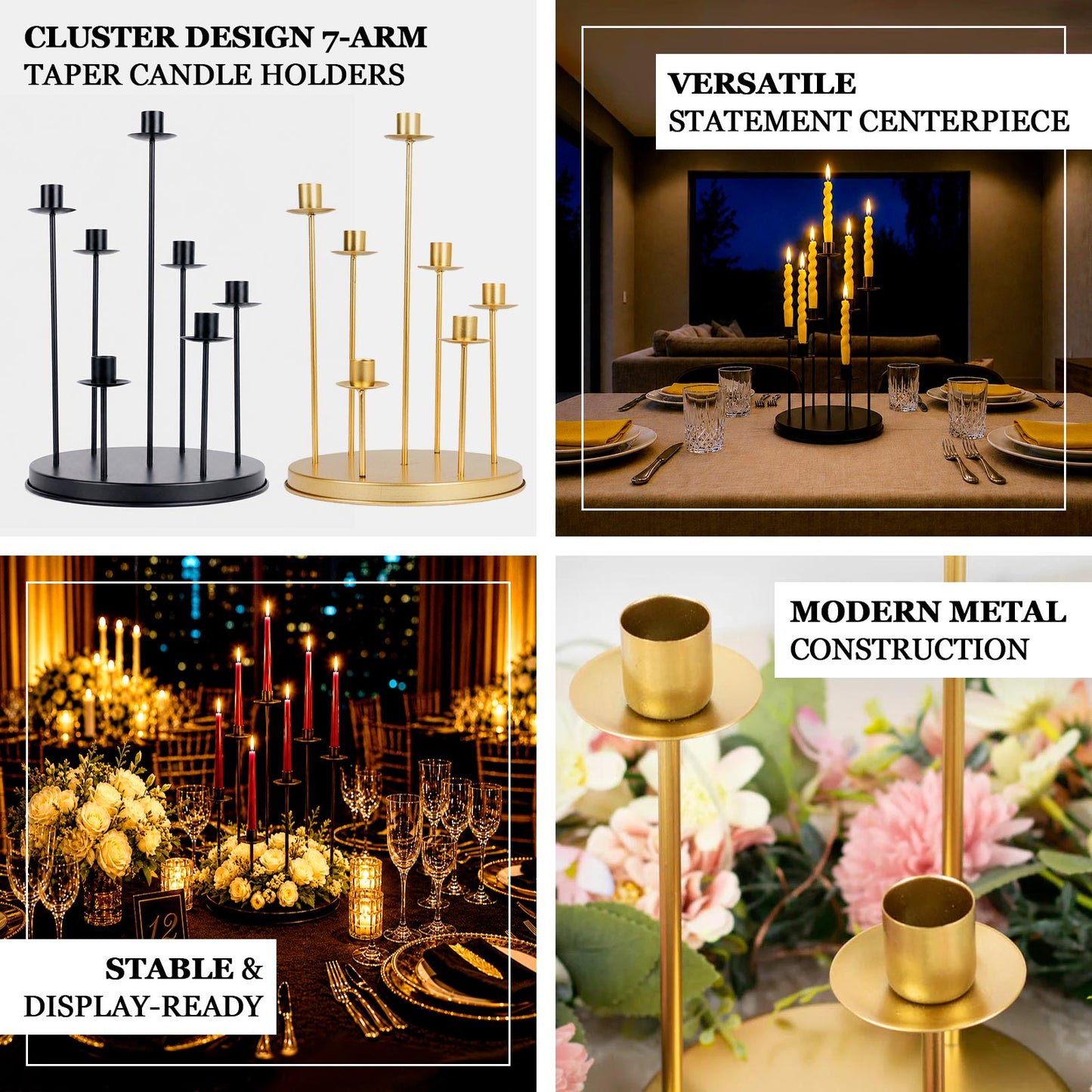 Cluster Candelabra Taper Candle Holder 7-Arm Black Metal Wedding Centerpiece - Table Decor 15"