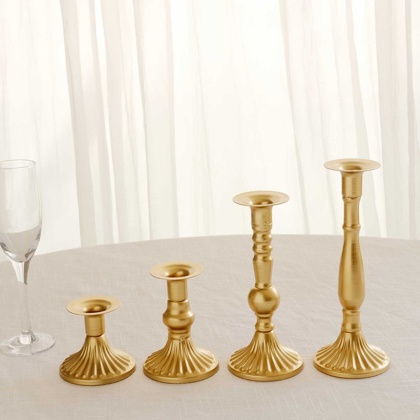 Set of 4 | Gold Baroque Metal Taper Candle Holder Centerpieces, Vintage Candlestick Stands  - 9", 8", 5", 3"