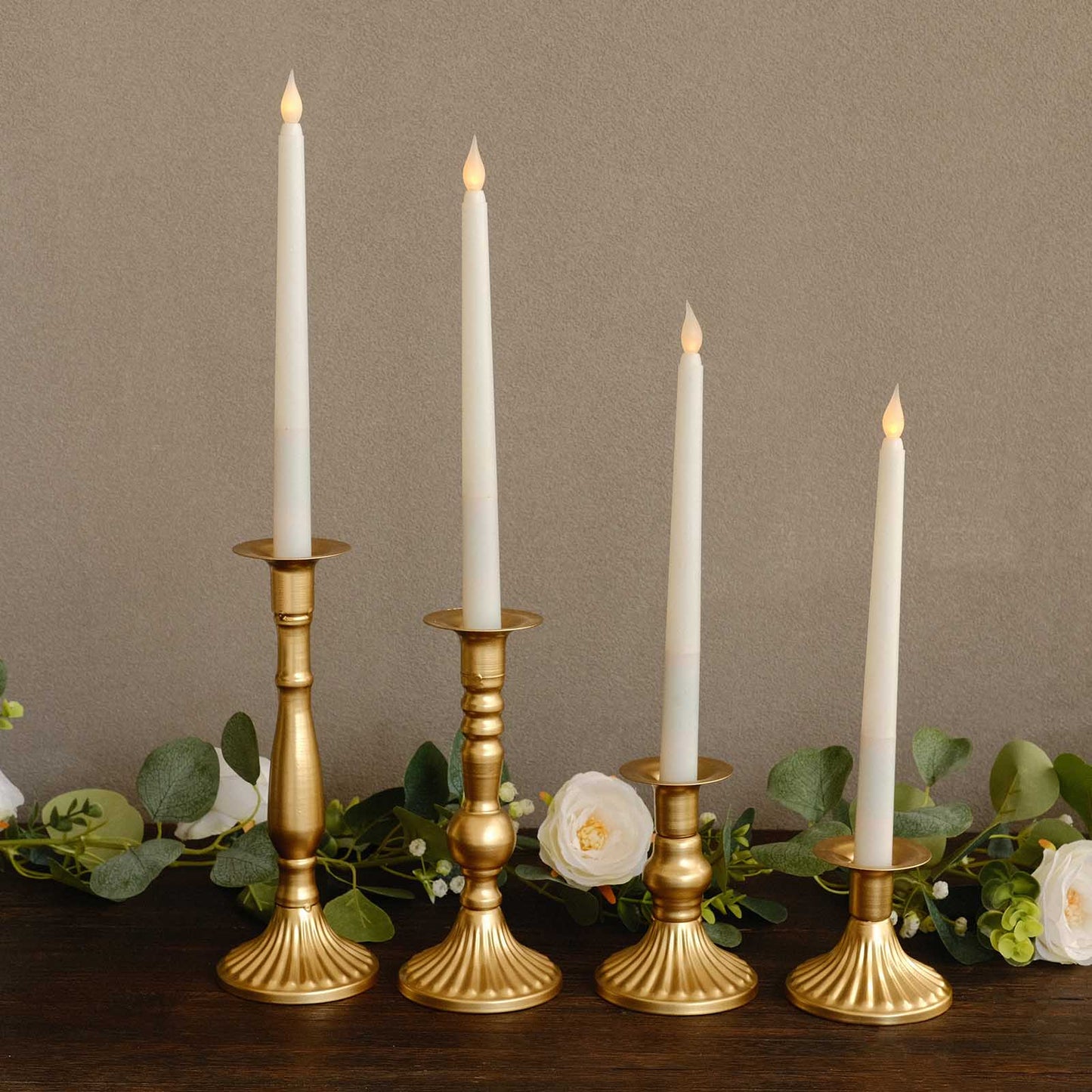 Set of 4 | Gold Baroque Metal Taper Candle Holder Centerpieces, Vintage Candlestick Stands  - 9", 8", 5", 3"