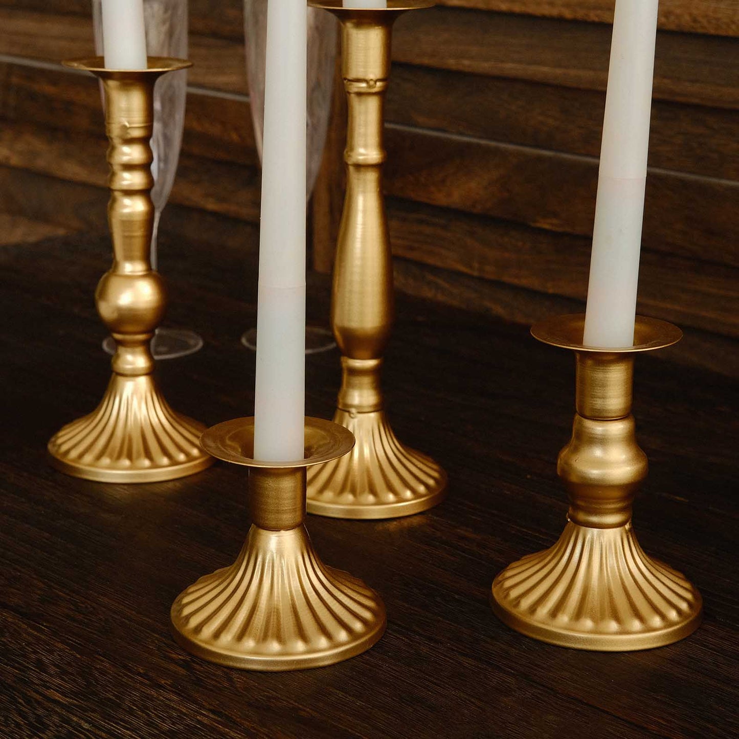 Set of 4 | Gold Baroque Metal Taper Candle Holder Centerpieces, Vintage Candlestick Stands  - 9", 8", 5", 3"