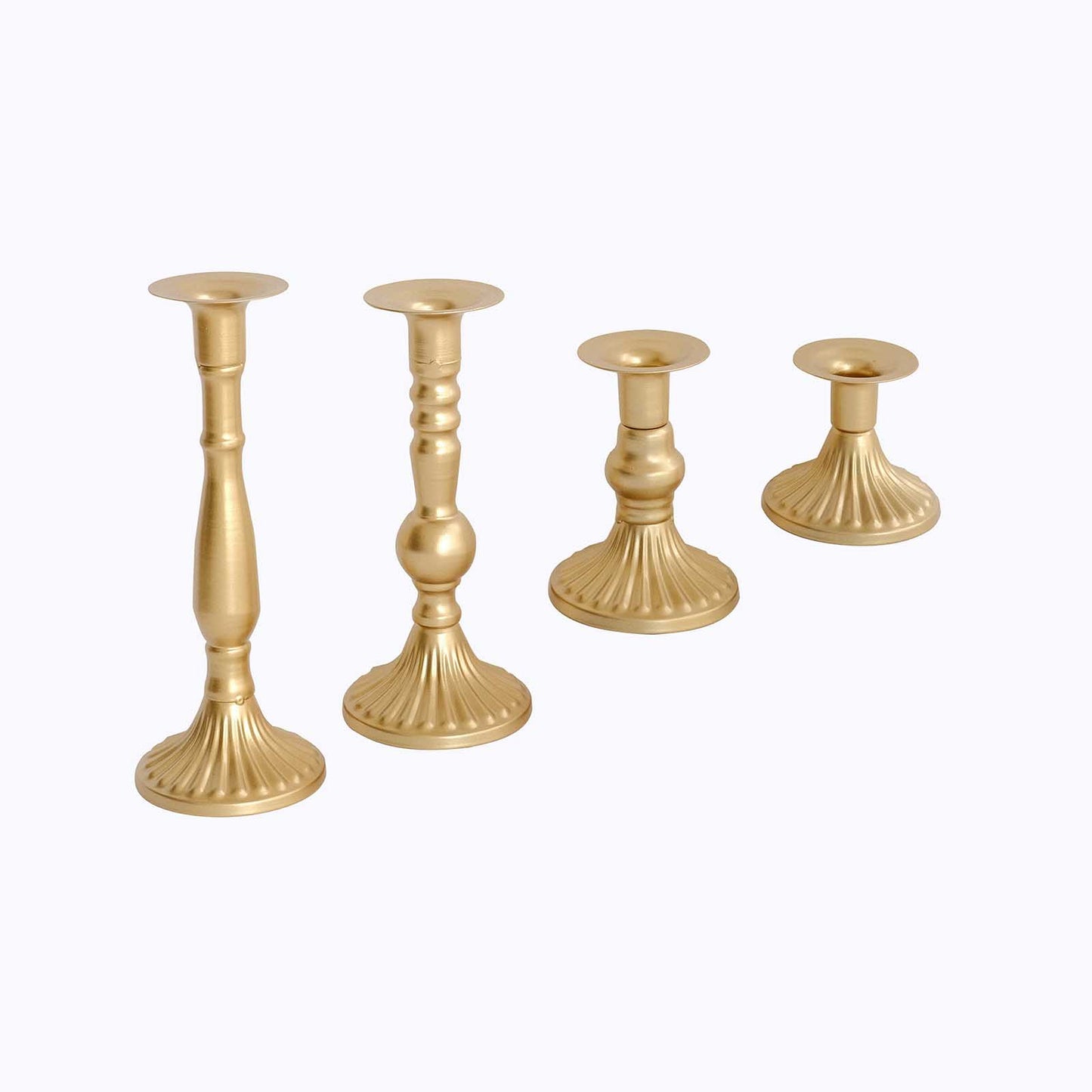 Set of 4 | Gold Baroque Metal Taper Candle Holder Centerpieces, Vintage Candlestick Stands  - 9", 8", 5", 3"