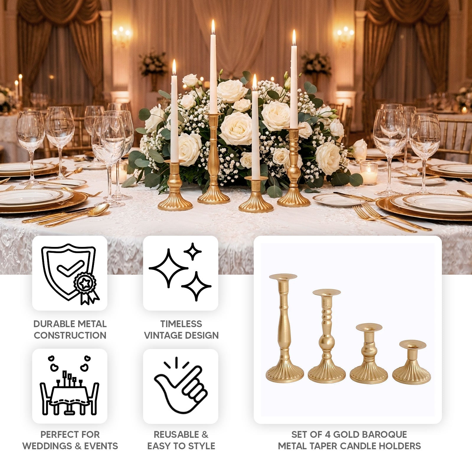 Metal Baroque Gold Taper Candle Holder Set 4