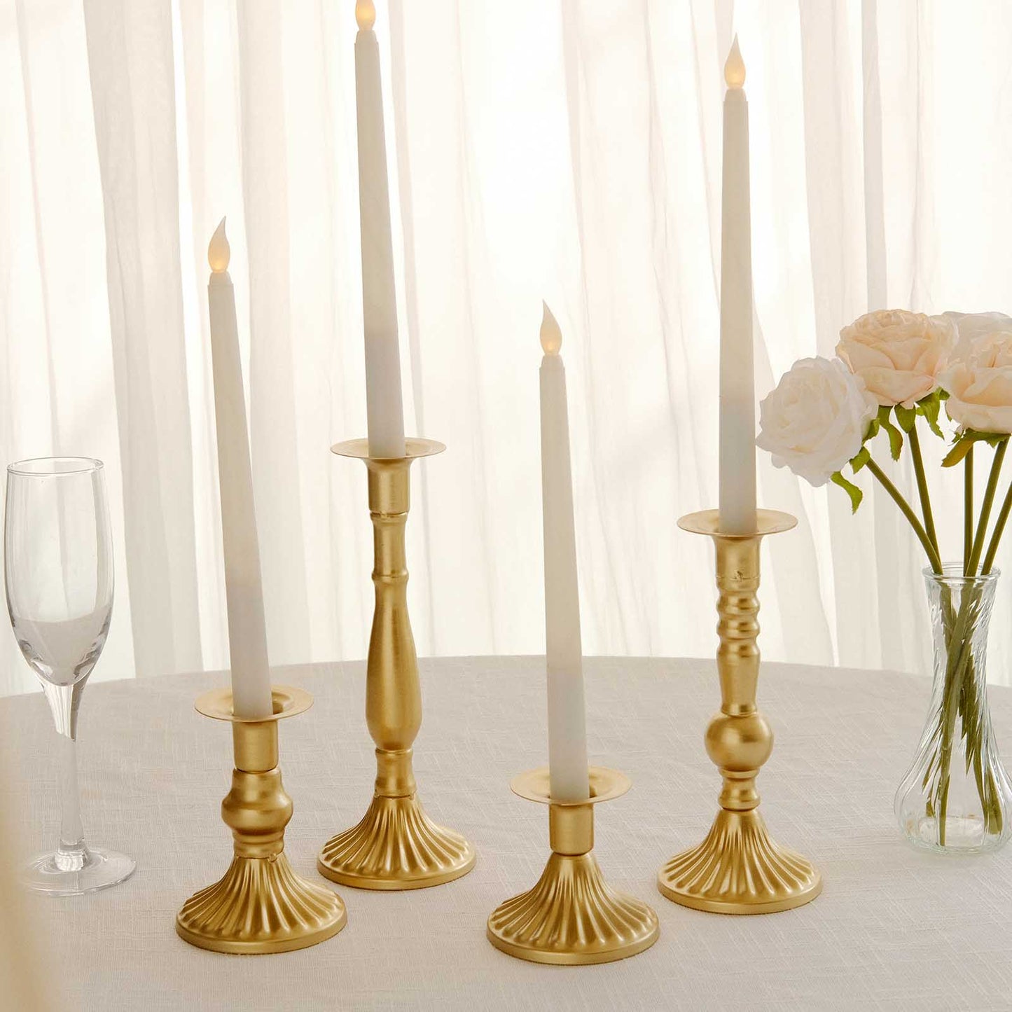Set of 4 | Gold Baroque Metal Taper Candle Holder Centerpieces, Vintage Candlestick Stands  - 9", 8", 5", 3"