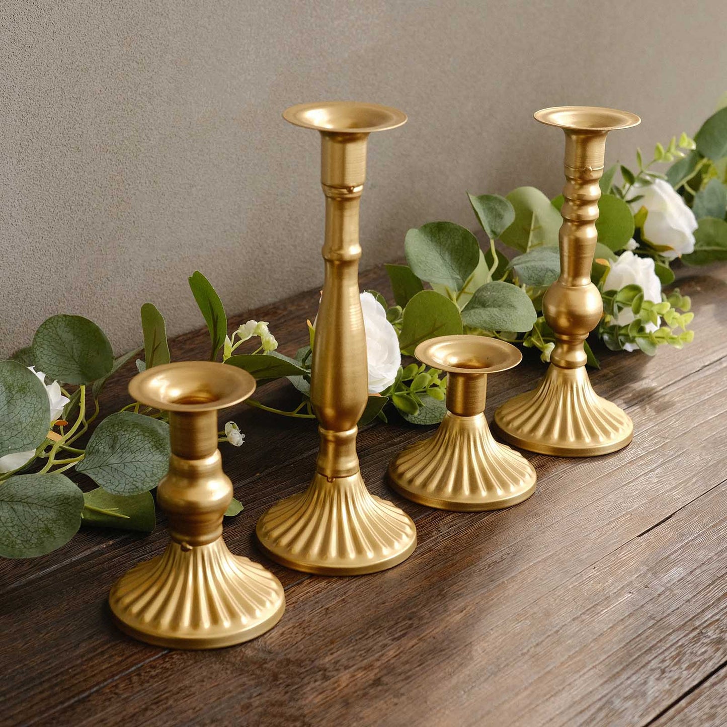 Set of 4 | Gold Baroque Metal Taper Candle Holder Centerpieces, Vintage Candlestick Stands  - 9", 8", 5", 3"