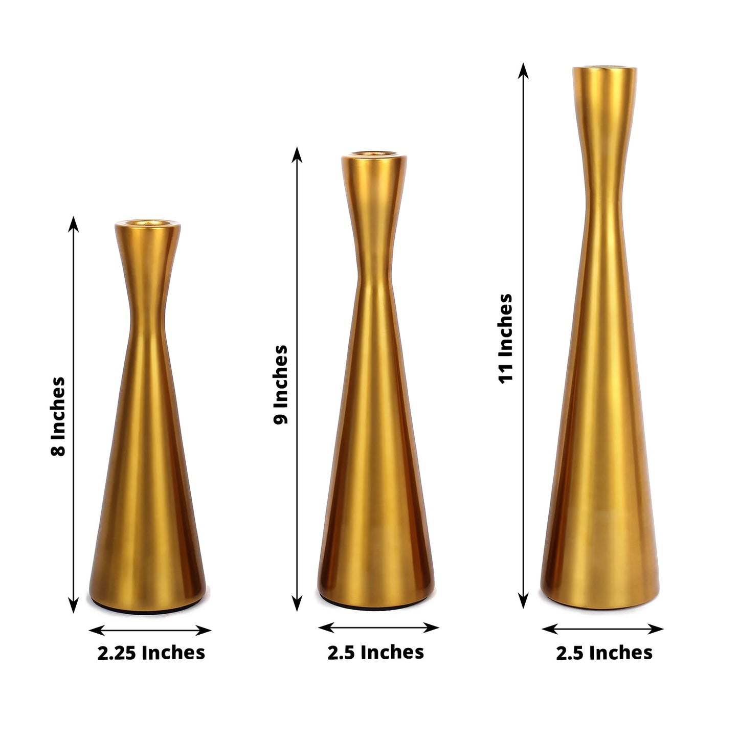 Set of 3 Nordic Hourglass Style Gold Metal Candlestick Holders, Modern European Style Taper Candle Stands - 8",9",11"