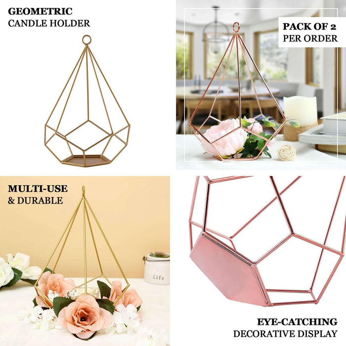 Gold metal geometric tealight candle holders, pack of 2.