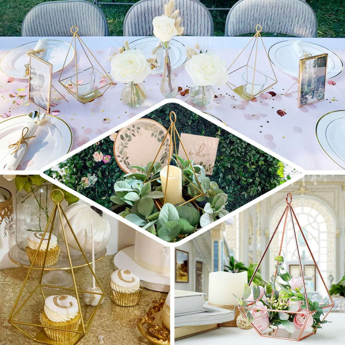 Rose gold geometric tealight candle holders for elegant decor.