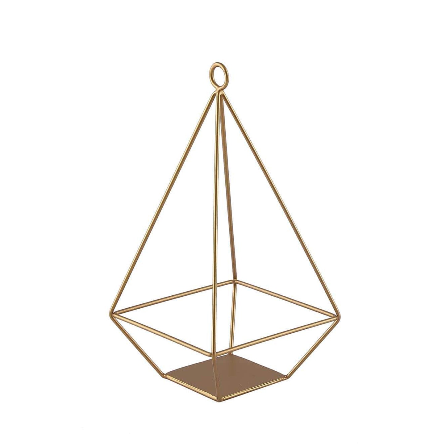 Gold metal pyramid tealight candle holder, open frame geometric design.