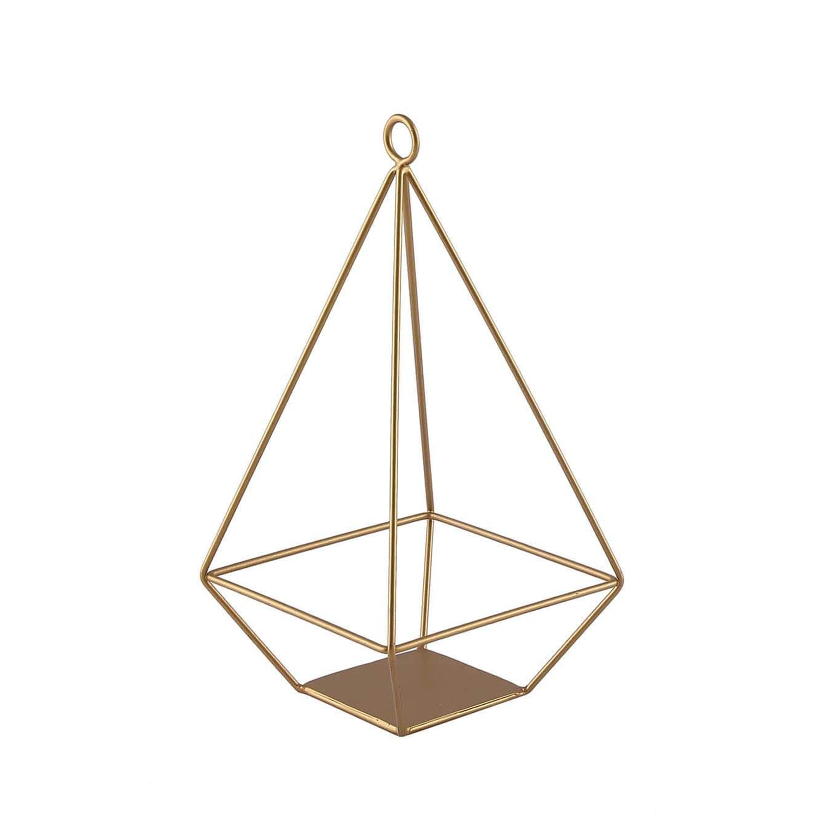 Gold metal pyramid tealight candle holder, open frame geometric design.