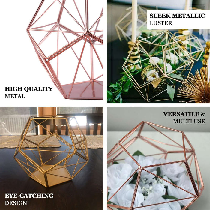Rose gold pentagon prism tealight candle holder with geometric design.