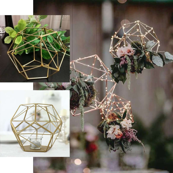 Rose gold geometric prism tealight holder with floral accents.