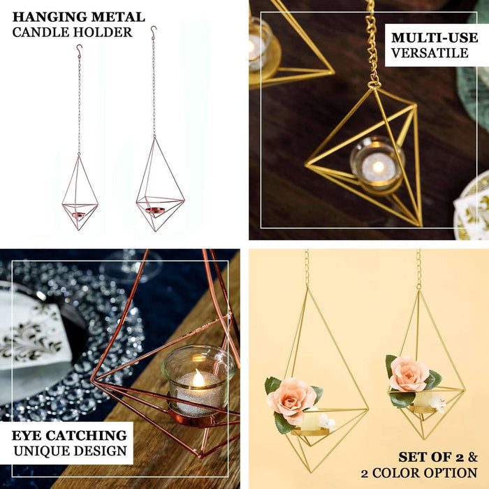 Rose gold geometric candle holders with tealights and flowers, set of 2.