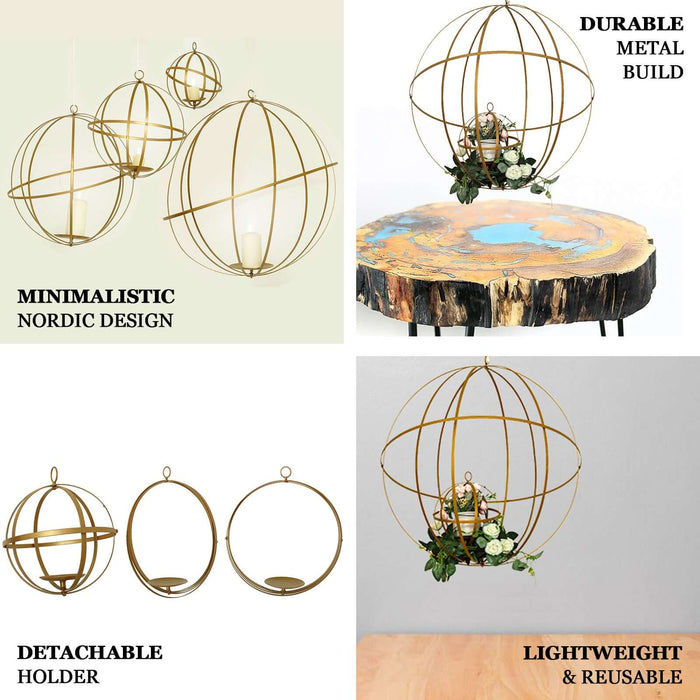 24" Gold Wrought Iron Hanging Sphere Candle Holder and Floral Display.