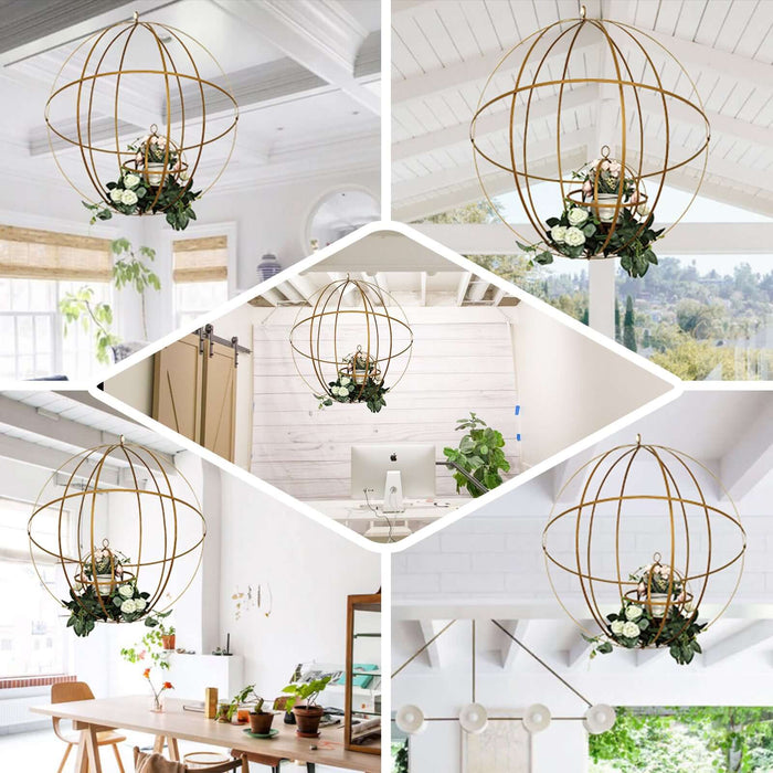 Gold open frame centerpiece ball candle holder with floral display.