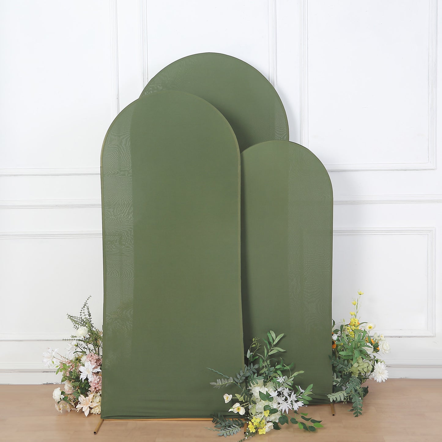 Set of 3 | Matte Olive Green Spandex Fitted Wedding Arch Covers For Round Top Chiara Backdrop Stands - 5ft, 6ft, 7ft