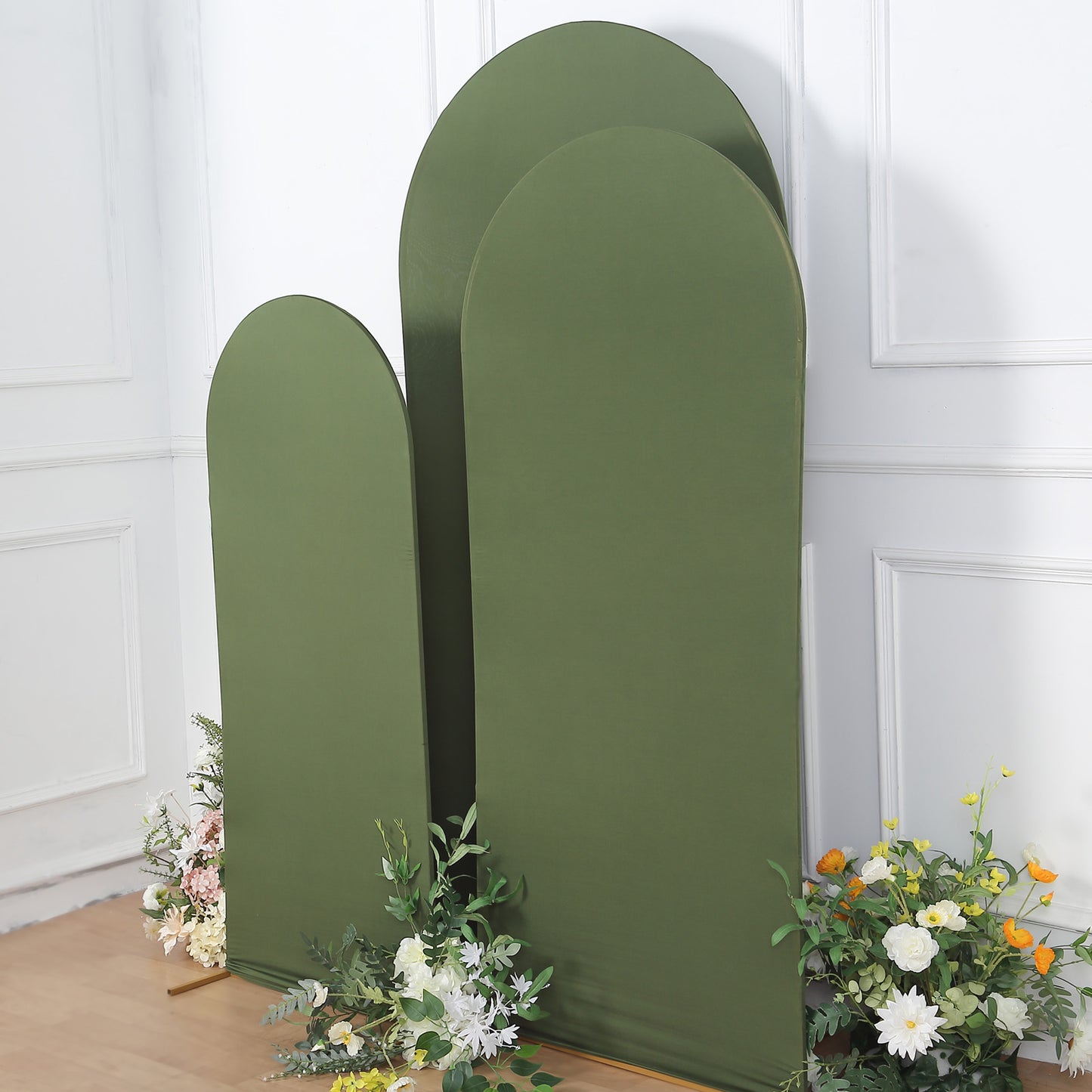 Set of 3 | Matte Olive Green Spandex Fitted Wedding Arch Covers For Round Top Chiara Backdrop Stands - 5ft, 6ft, 7ft