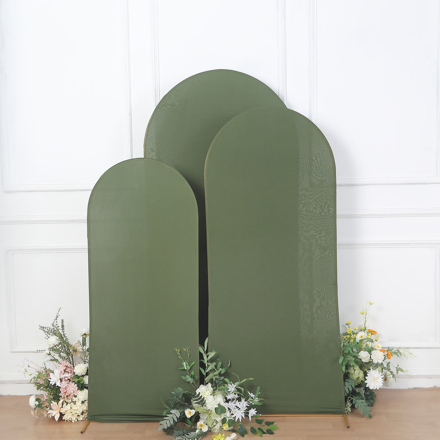 Set of 3 | Matte Olive Green Spandex Fitted Wedding Arch Covers For Round Top Chiara Backdrop Stands - 5ft, 6ft, 7ft