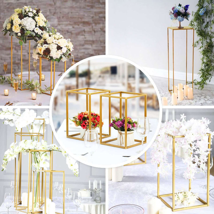 2 Pack | 40" Rectangular Gold Metal Wedding Flower Stand, Geometric Column Frame Centerpiece