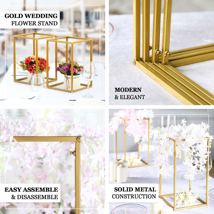 2 Pack | 40" Rectangular Gold Metal Wedding Flower Stand, Geometric Column Frame Centerpiece