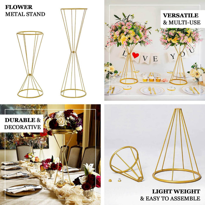 Gold geometric flower stand, versatile wedding vase pedestal centerpiece.