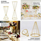 Gold metal geometric flower stand, dual cone design for weddings and events.
