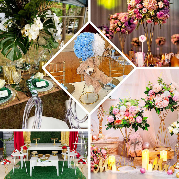Gold geometric flower stand centerpiece for weddings and events.