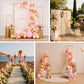 Slim gold metal wedding arch and backdrop stand, perfect for floral displays.
