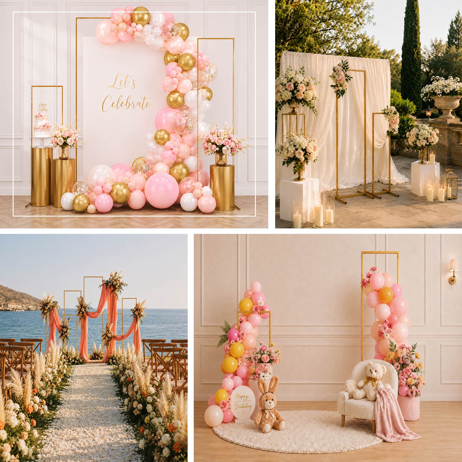 Slim gold metal wedding arch and backdrop stand, perfect for floral displays.