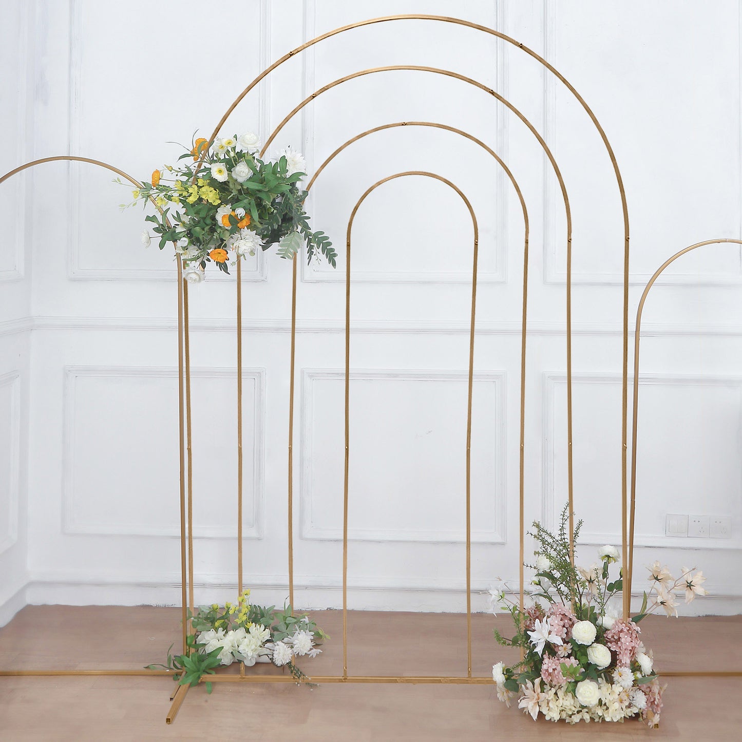 8ft Gold Metal Multi-Layered Round Top Wedding Arch, Rainbow Floral Frame Chiara Backdrop Stand