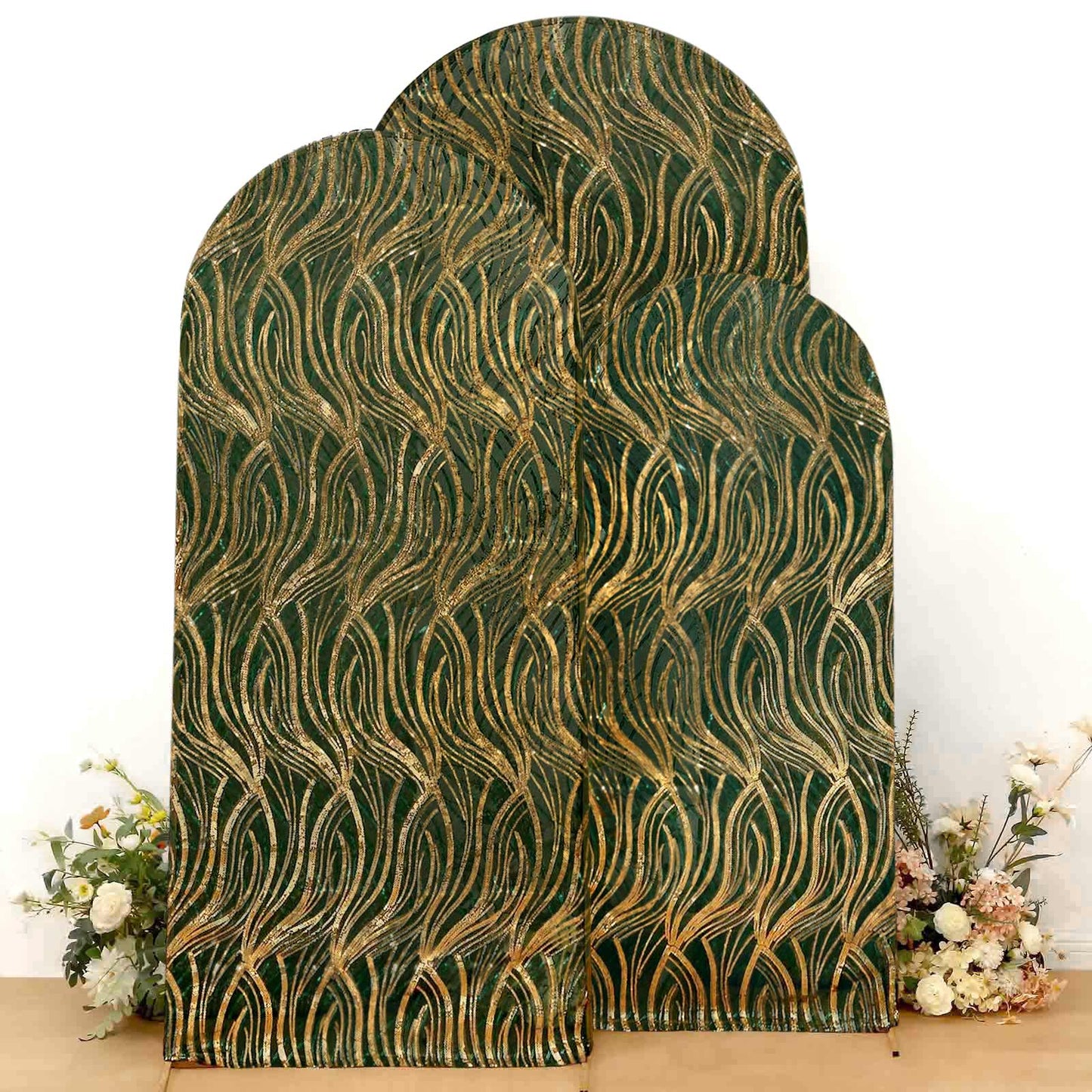 Set of 3 Hunter Emerald Green Wave Mesh Chiara Wedding Arch Covers With Gold Embroidered Sequins, Fitted Covers For Round Top Backdrop Stands - 5ft,6ft,7ft