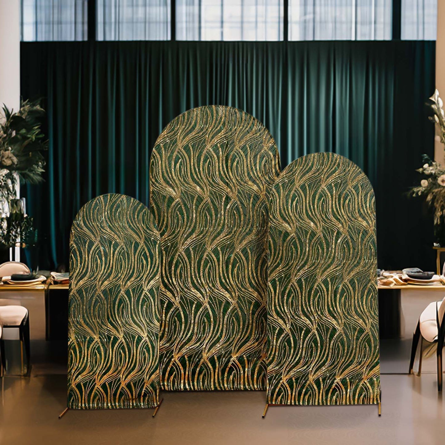 Set of 3 Hunter Emerald Green Wave Mesh Chiara Wedding Arch Covers With Gold Embroidered Sequins, Fitted Covers For Round Top Backdrop Stands - 5ft,6ft,7ft
