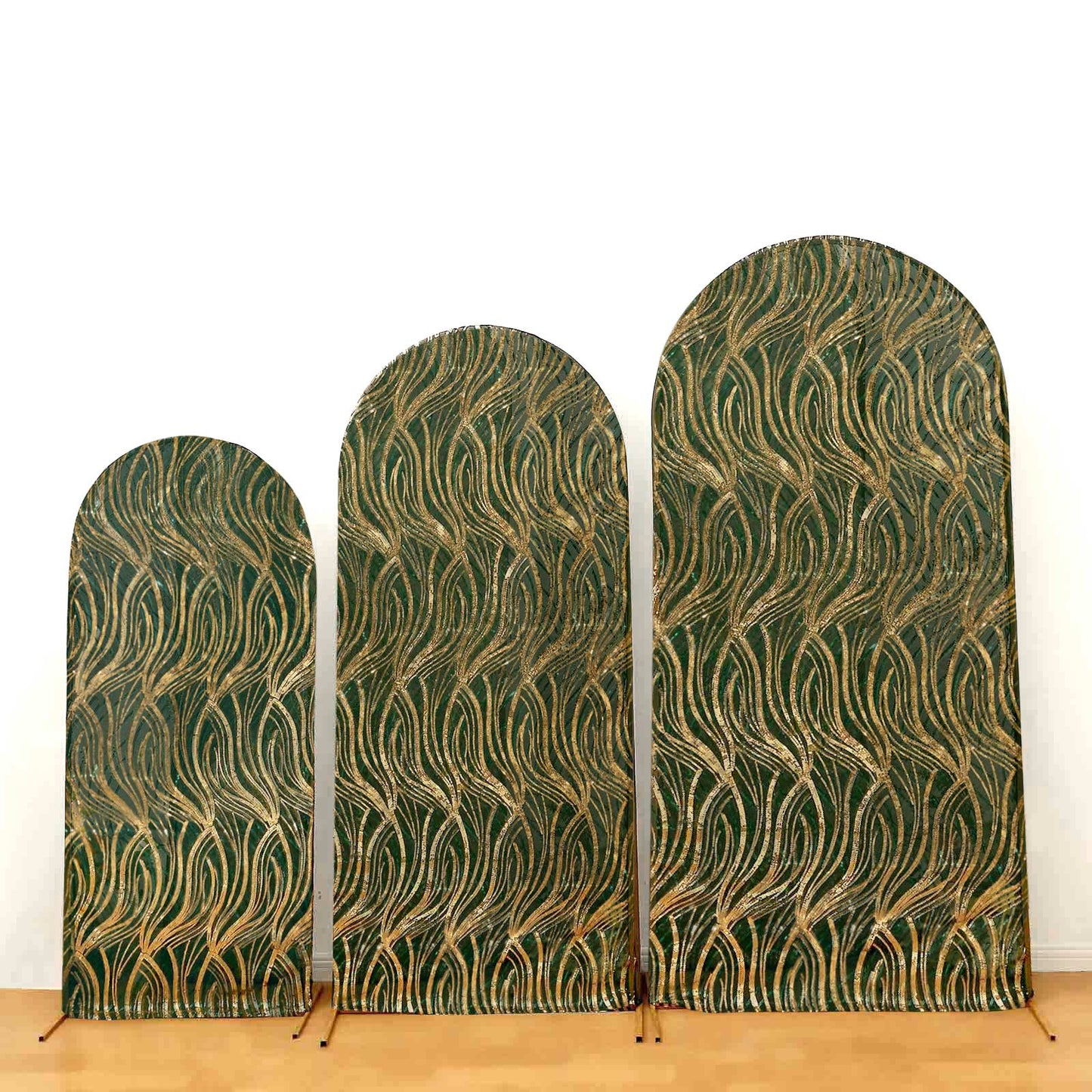 Set of 3 Hunter Emerald Green Wave Mesh Chiara Wedding Arch Covers With Gold Embroidered Sequins, Fitted Covers For Round Top Backdrop Stands - 5ft,6ft,7ft