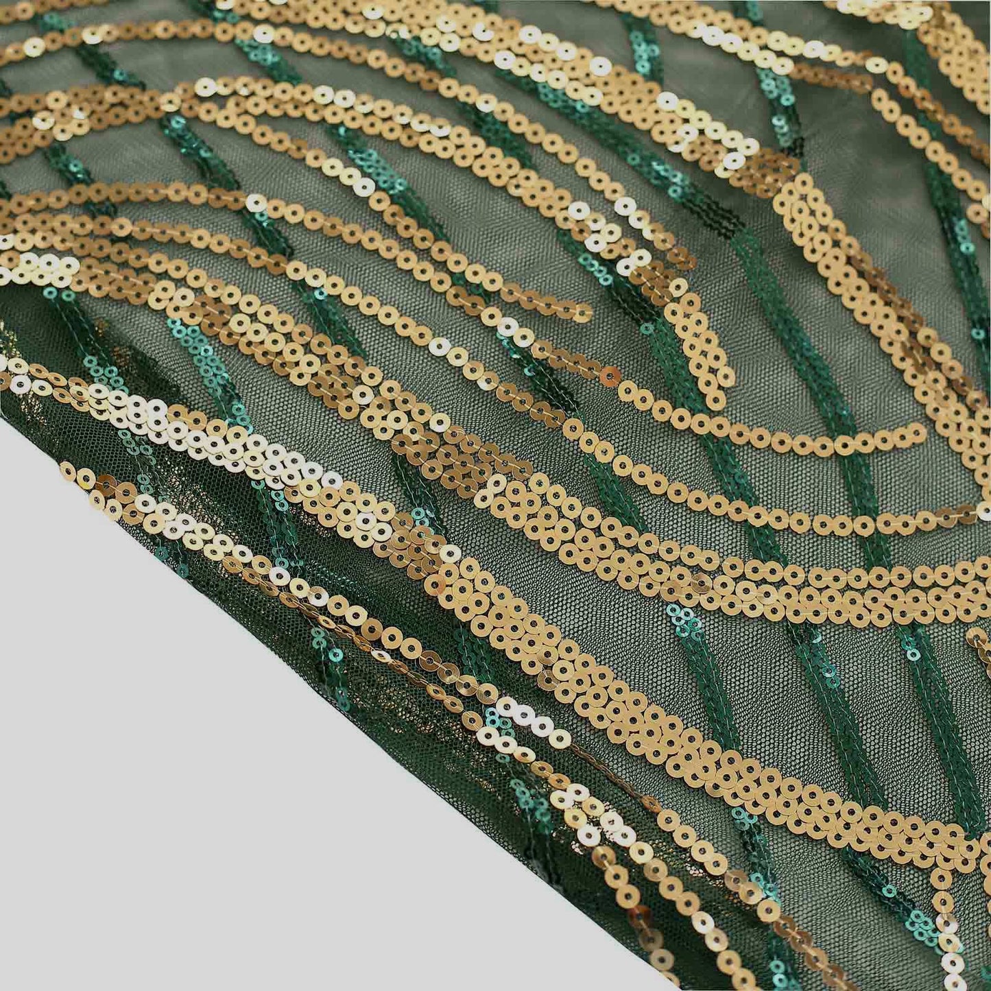 Set of 3 Hunter Emerald Green Wave Mesh Chiara Wedding Arch Covers With Gold Embroidered Sequins, Fitted Covers For Round Top Backdrop Stands - 5ft,6ft,7ft