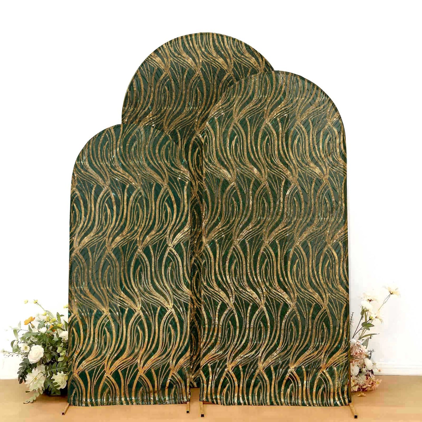 Set of 3 Hunter Emerald Green Wave Mesh Chiara Wedding Arch Covers With Gold Embroidered Sequins, Fitted Covers For Round Top Backdrop Stands - 5ft,6ft,7ft